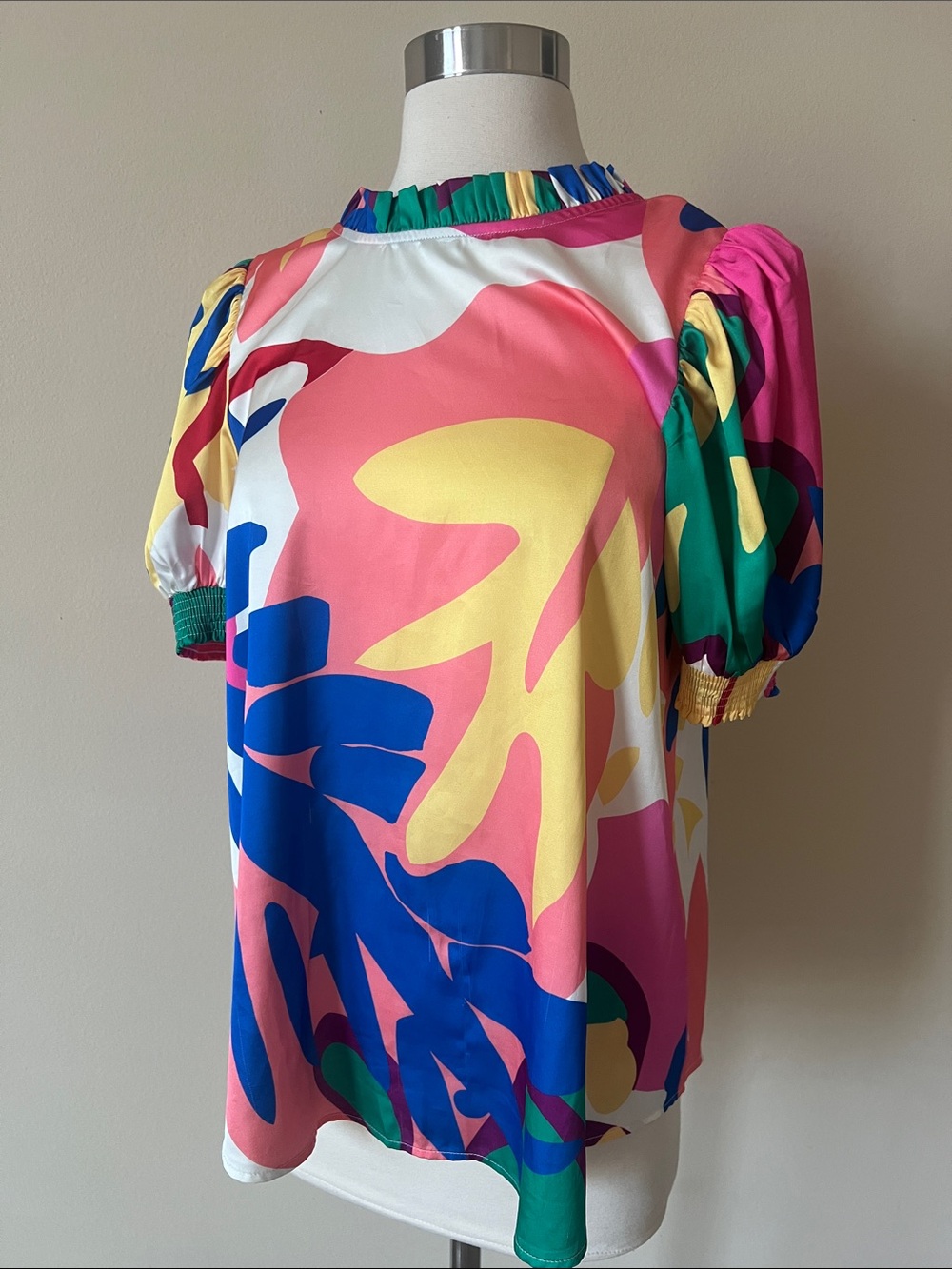 JODIFL Colorblock Tropical Print Puff-Sleeve Top - Pink Multi